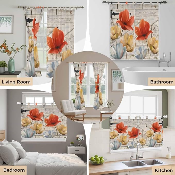 Retro Floral Kitchen Curtains 36 Inch Length, Small Window Curtains Tab Top