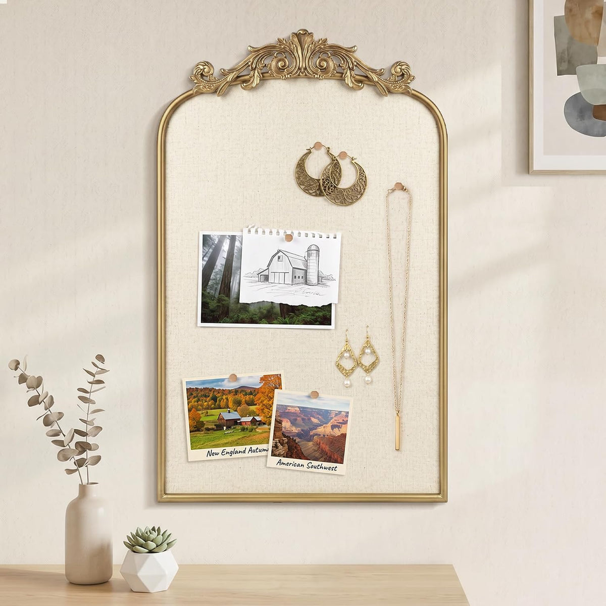 Vintage Linen Bulletin Board with Ornate Gold Frame, Wall Pin Board 19"x31"