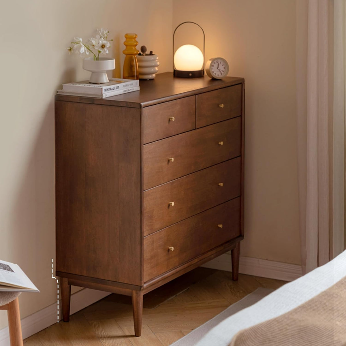 Solid Wood Nightstand, 5 Drawer Side Table for Bedroom, Wooden Storage Organizer, Modern Chest of Drawers for Living Room, Hallway, Closet, Walnut (33" W x 15.8" D x 35.4" H)