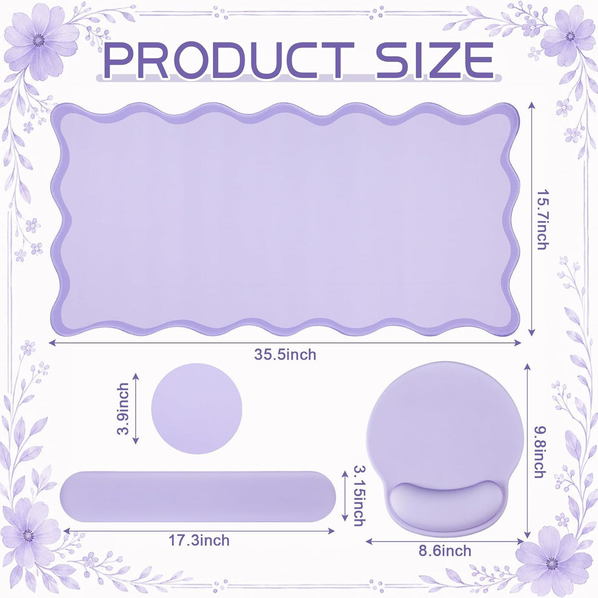 Sabary Scalloped Desk Mat Keyboard Mouse Pad Set Purple 35.5 x 15.7 Inch