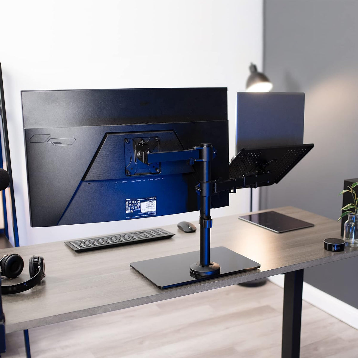 VIVO Free Standing Single Computer Monitor and Laptop Combo Desk Stand with Sleek Glass Base, Fits up to 32 inch Monitors and 17 inch Laptops, Black, STAND-V002FGL