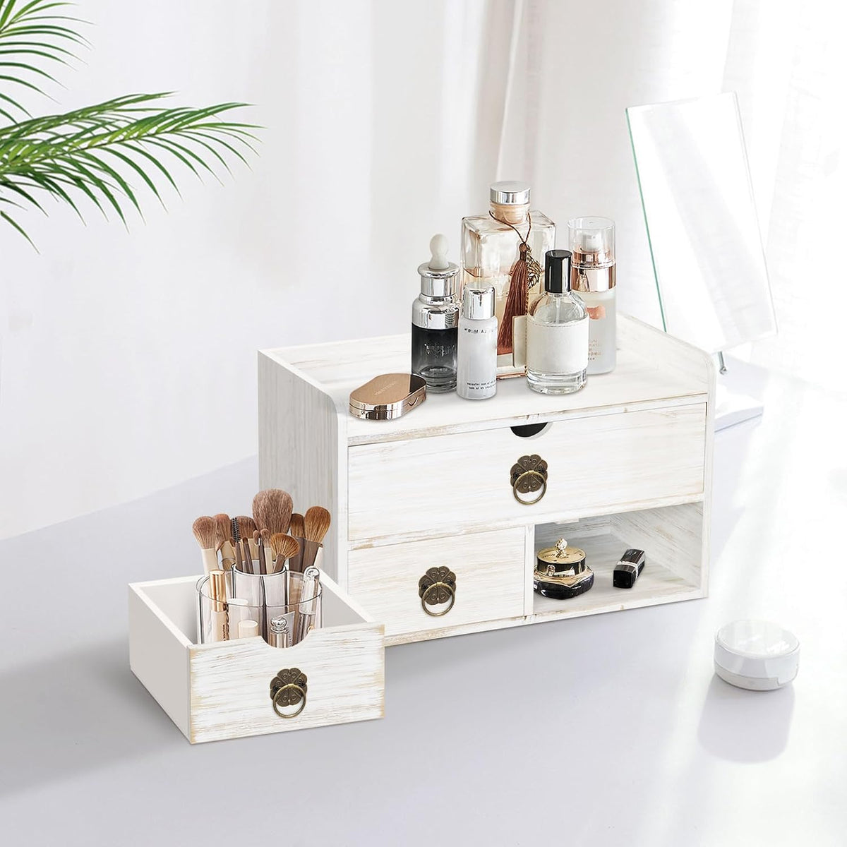 Wood Desk Organizer with Drawer, White Wooden Desktop Organizer, Tabletop Storage Organization Box for Countertop, Home Office Supplies, 13.5x6.6x8.2 Inch(3 Drawer and Shelf)