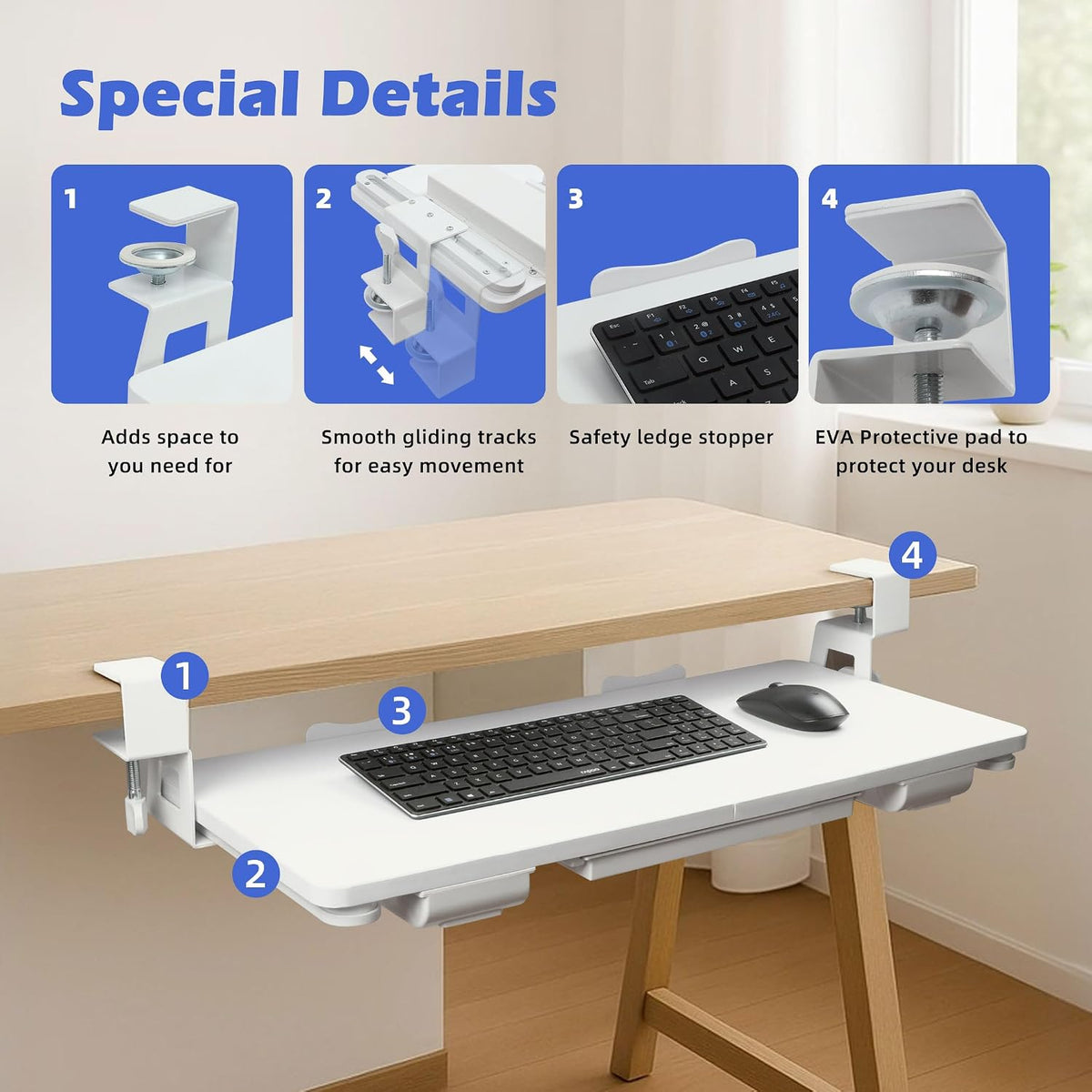 Keyboard Tray Under Desk with Drawer, White, 26.77" X 11.81"