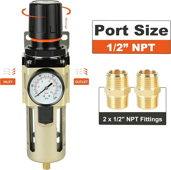 Hromee 1/2 Inch Compressed Filter Regulator Combo, Air Compressor Water Oil