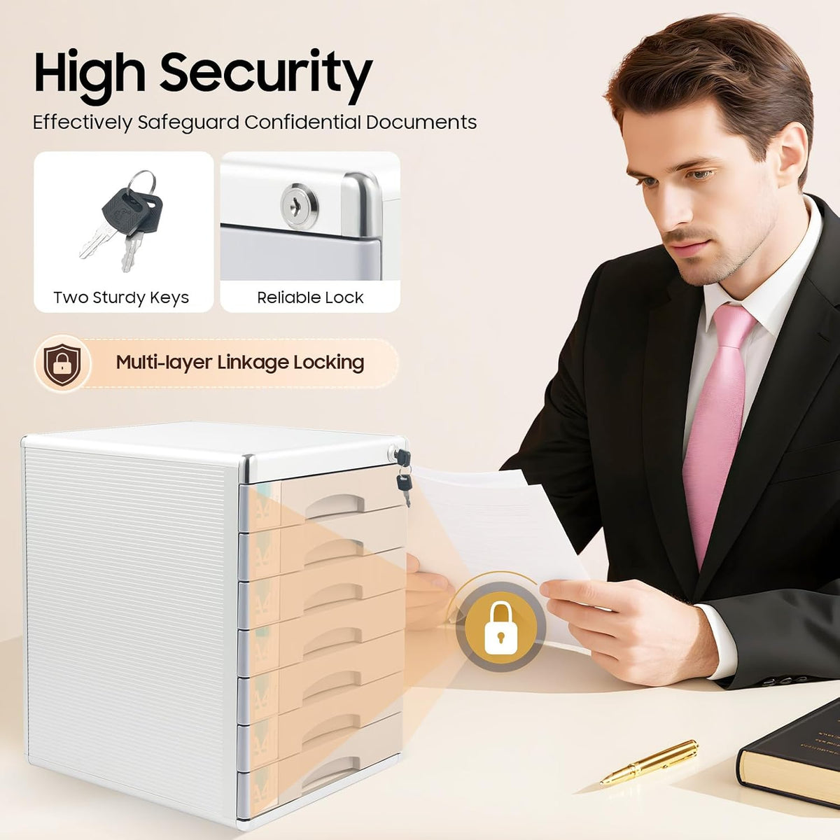 Desk Organizer with 7 Drawers, Metal Desktop Storage Cabinet File Holder with Locks and Keys, Filing Case Literature Organizer for Office Home, L11.8*D14*H16in, Silver & Grey