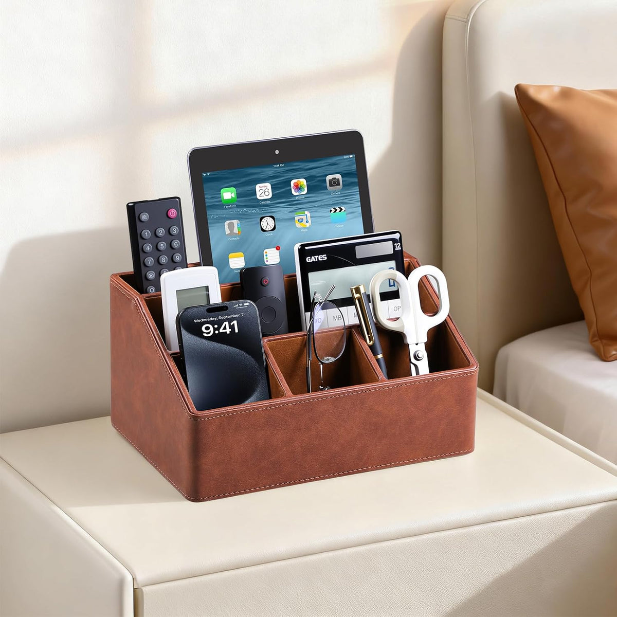 PU Leather Desk Organizer, Remote Control Holder (Brown)