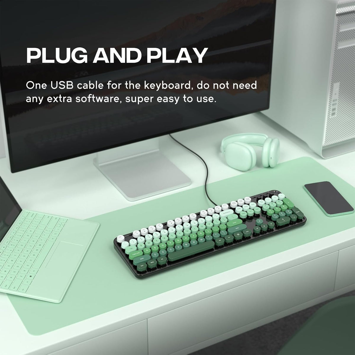 MOFII Computer Keyboard Wired,Round Key Retro Typewriter Keyboard Full Size