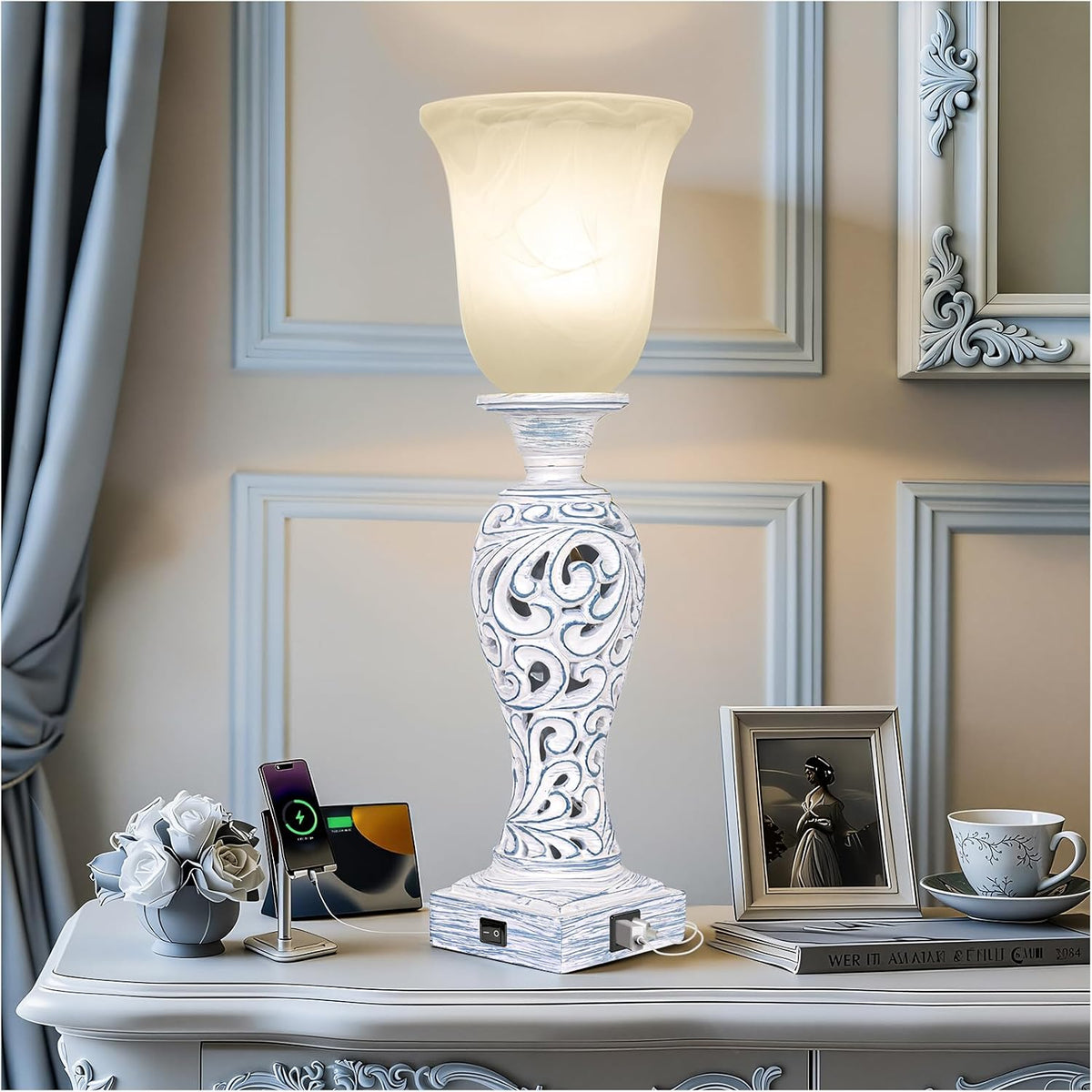 3-Way Dimmable Table Lamp with 2 USB Charging Ports, Washed Blue Finish