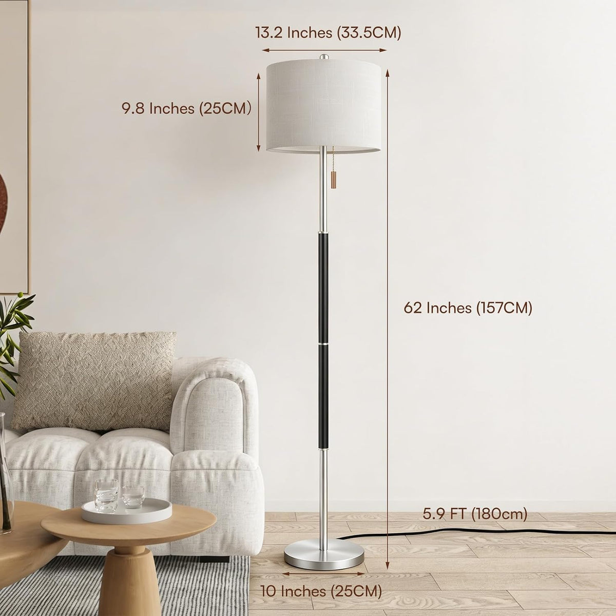 Black Floor Lamp with 13.2" Linen Shade and 3 Colors for Living Room