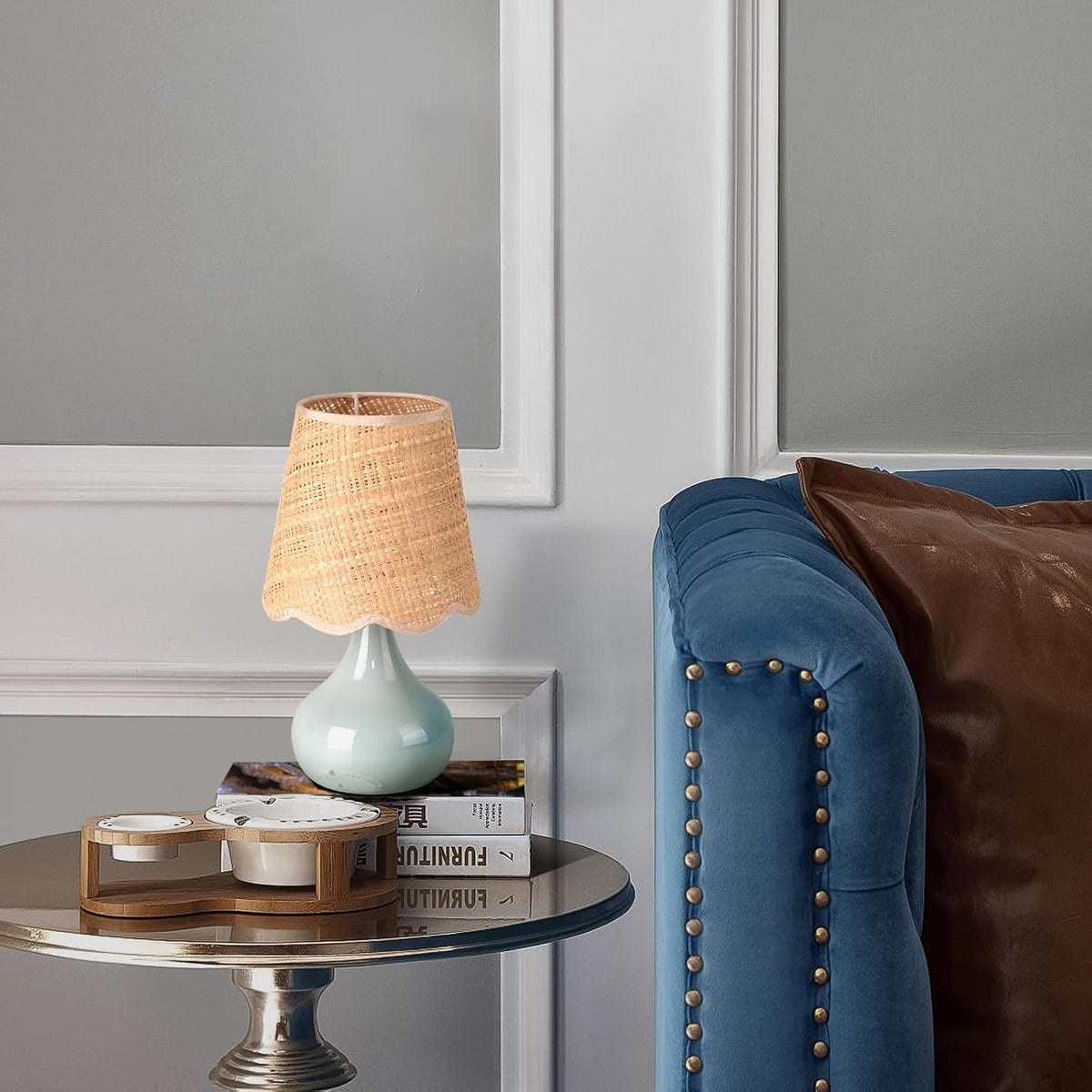 Blue Small Touch Control Table Lamp for Bedroom, Blue Bedside Lamps for Nightstand,Cute Mini Small Table Lamps for Small Spaces with Scalloped Shade for Kitchen Counter,Bookshelf,Living Room