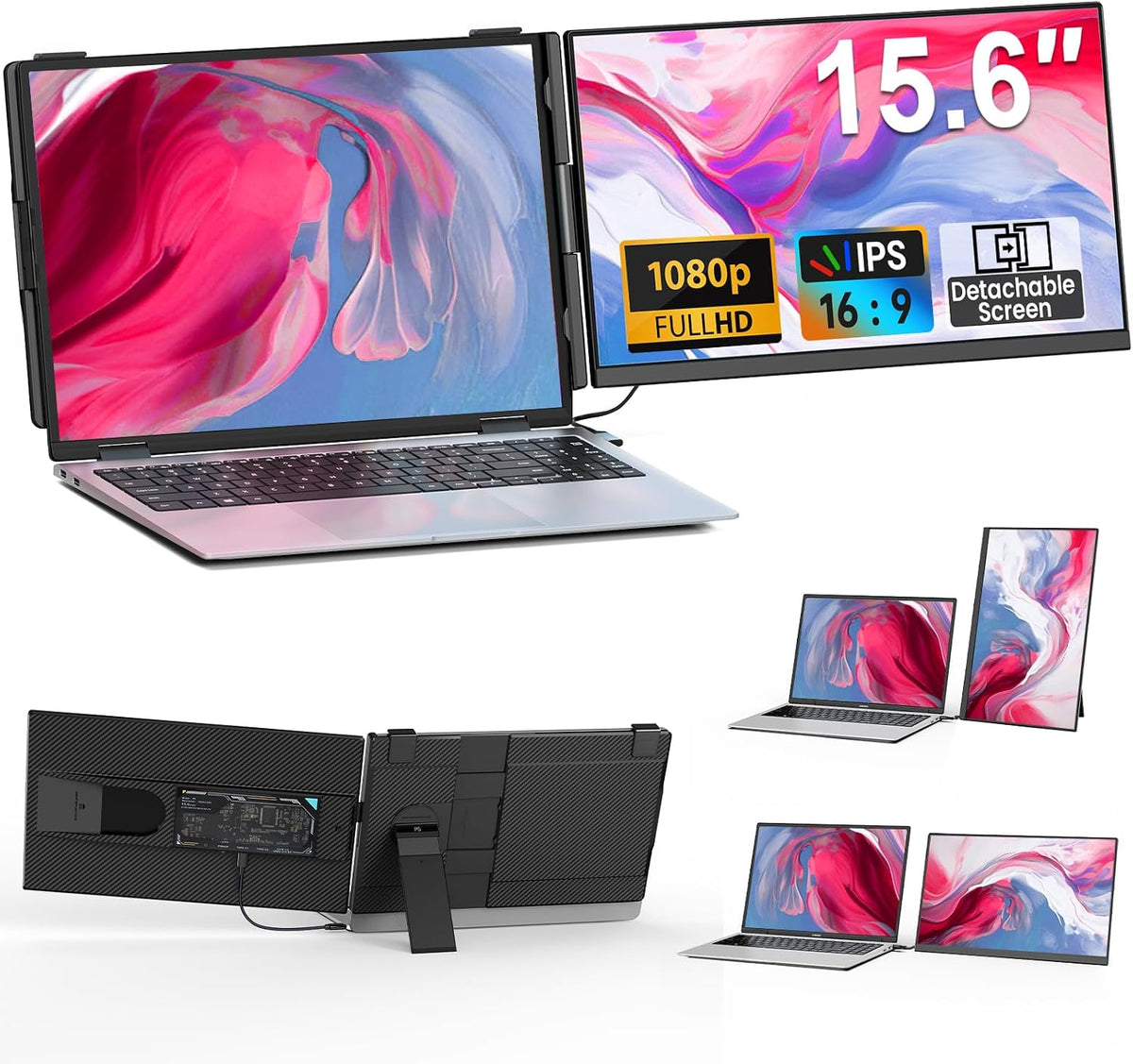 Cevaton Laptop Screen Extender - 15.6" FHD 1080P Portable Monitor for Laptop, Detachable & Plug and Play Dual Monitor Extender for 13"-17.3" Laptops, Compatible with Wins/Mac/Android/Chrome