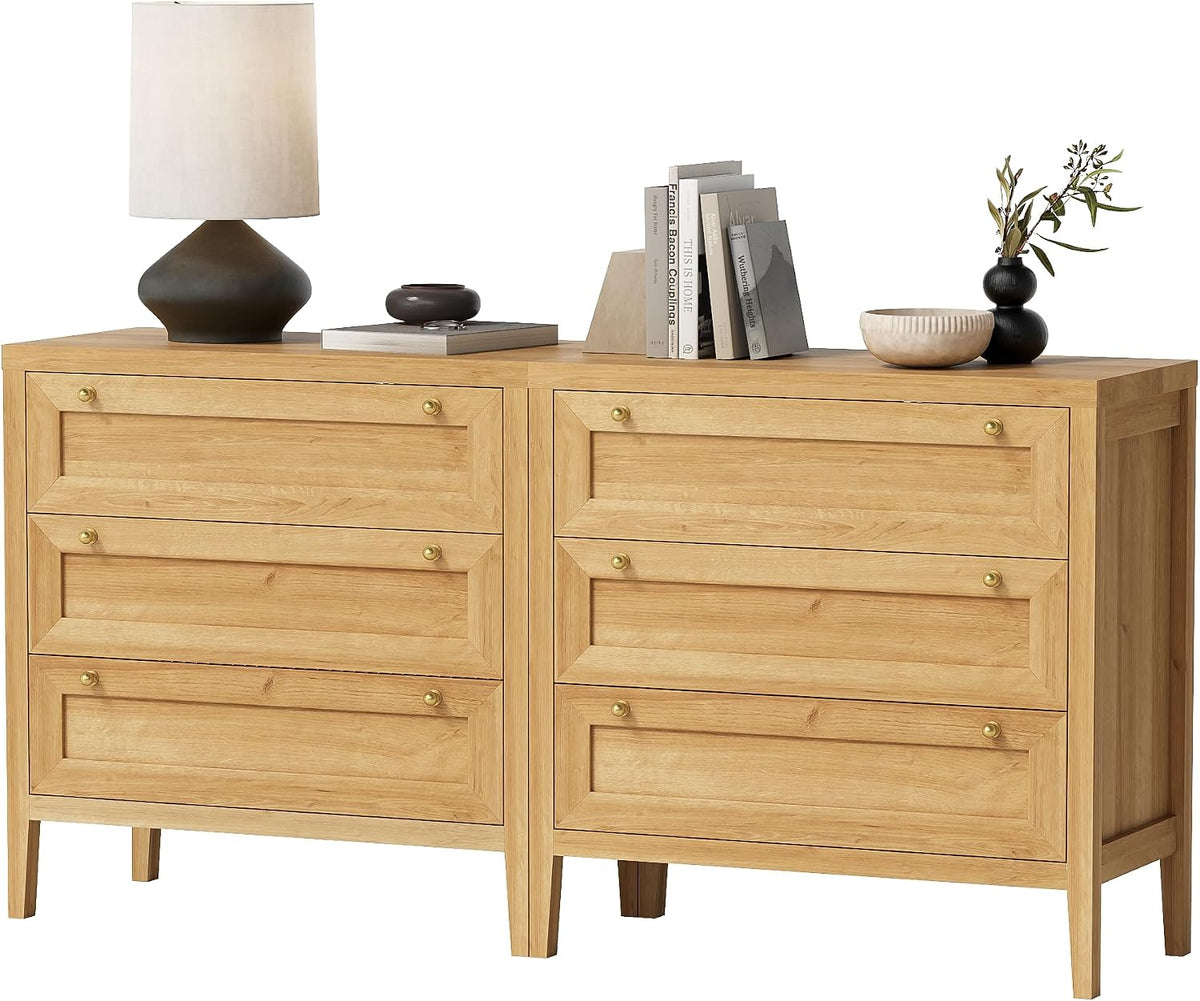 3 Drawers Dresser for Bedroom, Farmhouse Closet Storage Organizer with Golden Handles, Wooden Nightstand End Table for Living Room, Bedroom, Entryway, Hallway, Natural Oak