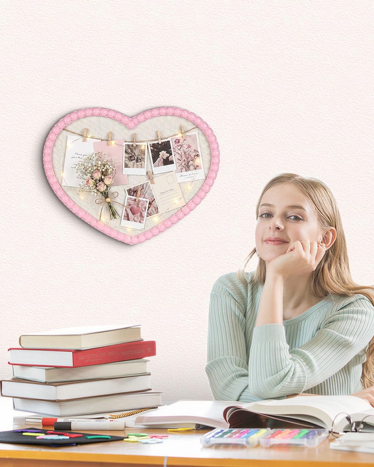 17" x 13" Heart Shaped Linen Bulletin Board, Pink Beaded Wood Frame Cork Board Alternative, Decorative Memo Board for Wall, Home Office & Bedroom Deco, Heart-3343PK