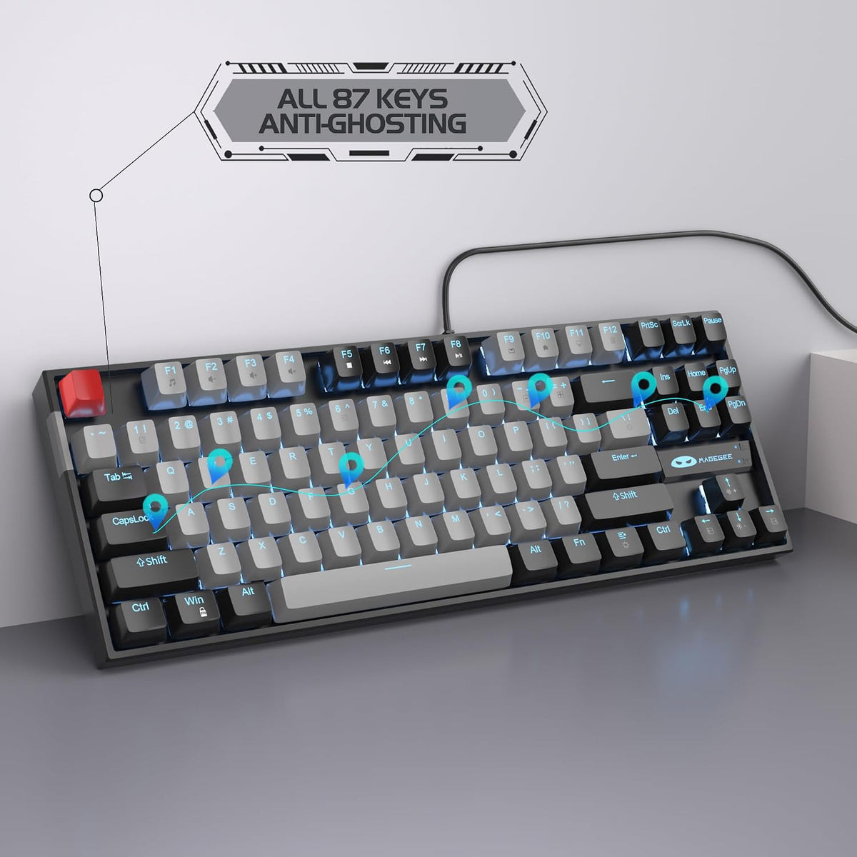 MageGee 75% Mechanical Gaming Keyboard, Blue Switch, LED Backlit, 87 Keys Compact TKL Wired Computer Keyboards for Windows Laptop PC Gamer - Grey/Black