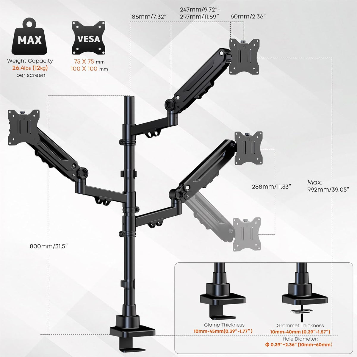 Triple Monitor Mount for up to 35’’ Ultrawide Screens, Heavy Duty,Black