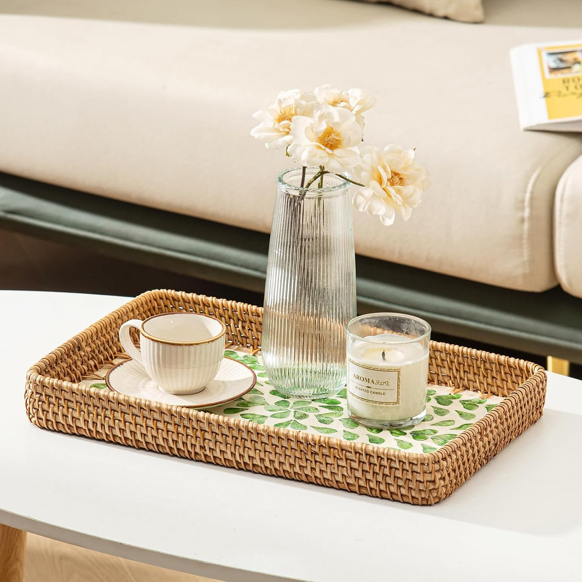 Set of 3 Rattan Serving Trays with Mother of Pearl, Terrekraft