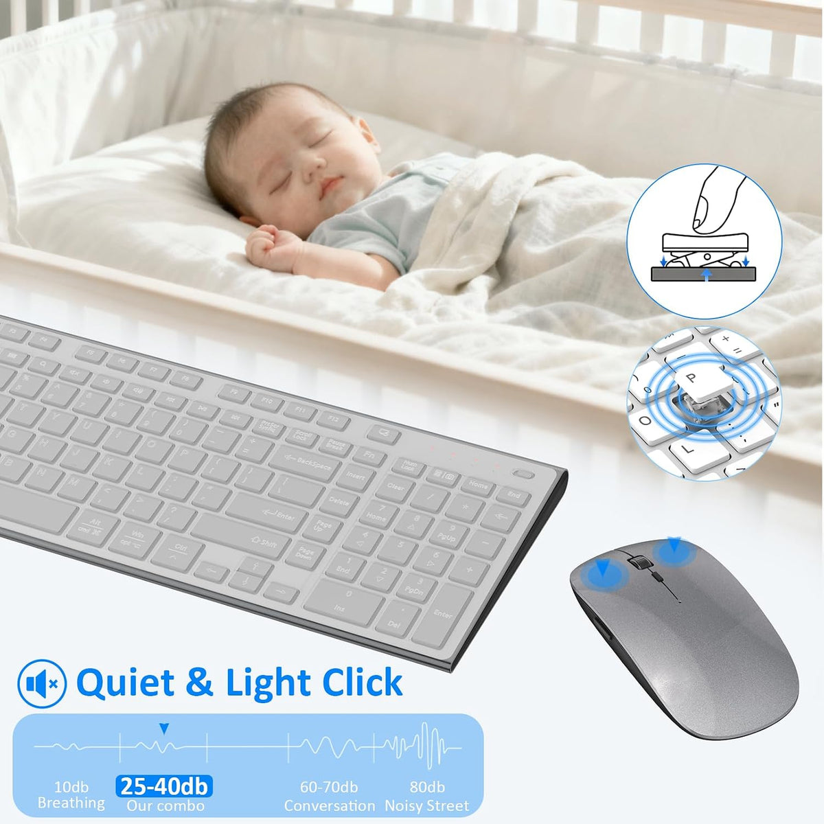 Keyboard and Mouse Wireless, Slim Flat Silent Quiet Black & Gray