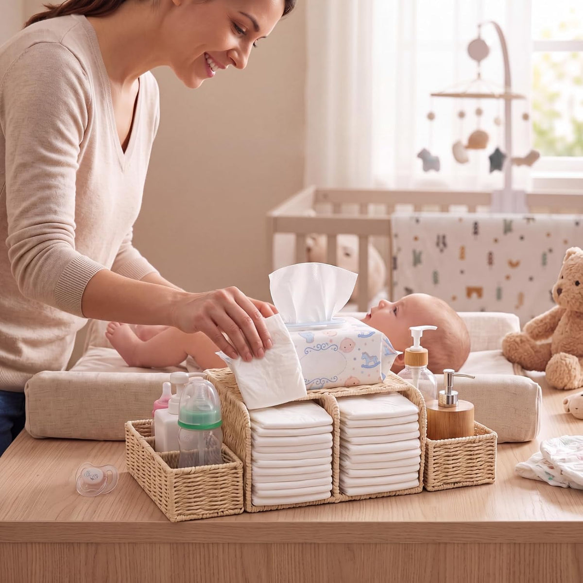 Large Wicker Diaper Caddy Changing Table Organizer, White, Paper