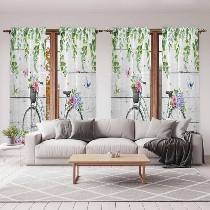 Spring Kitchen Curtains, Bicycles Botanical Rose Leaves Butterfly Wood Grain
