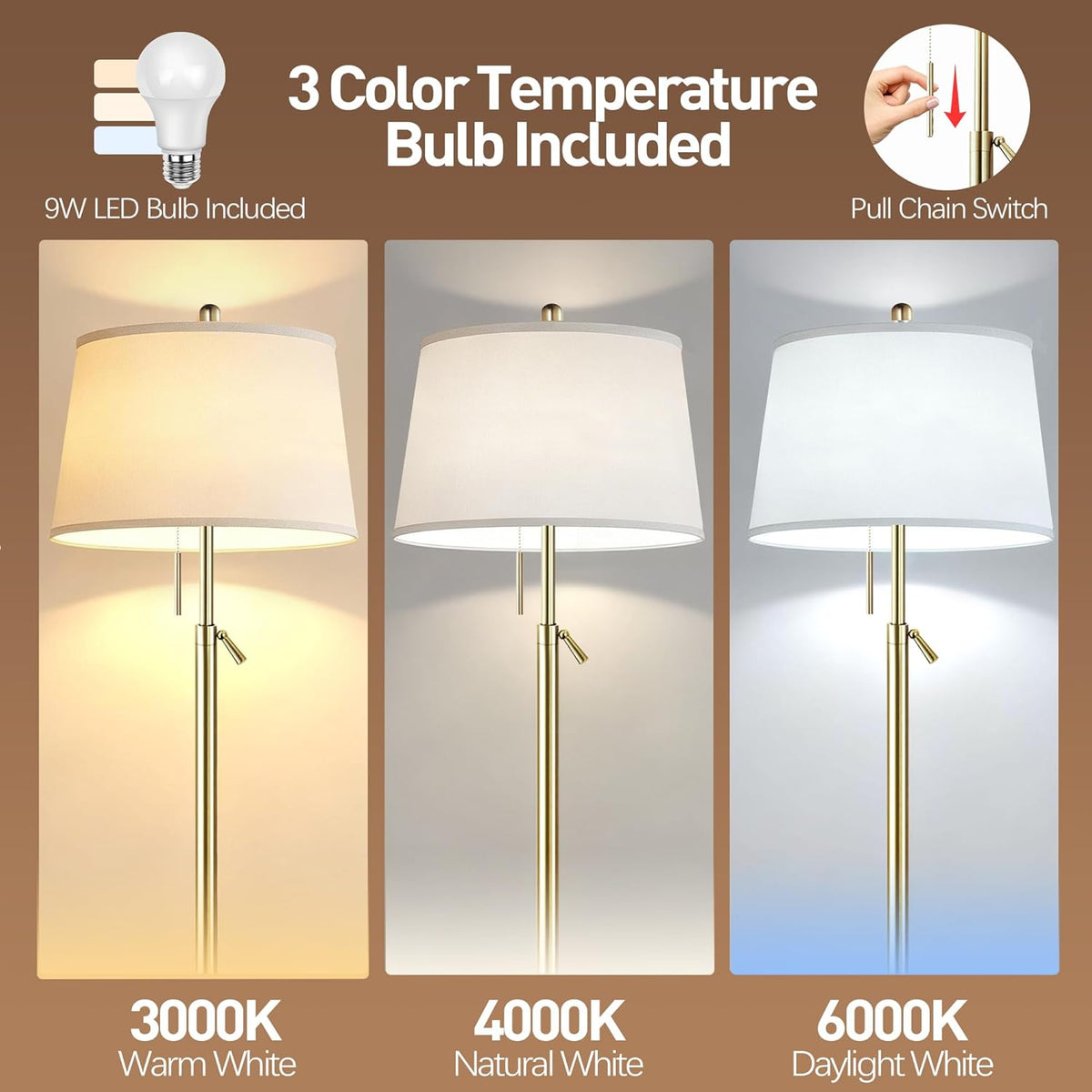 Gold Floor Lamp for Living Room, Modern Standing Lamp 55-67" Height Adjustable Brass Tall Floor Lamp with Pull Chain Switch and 3 CCT LED Blub for Living Room, Bedroom, Office & Corner Reading
