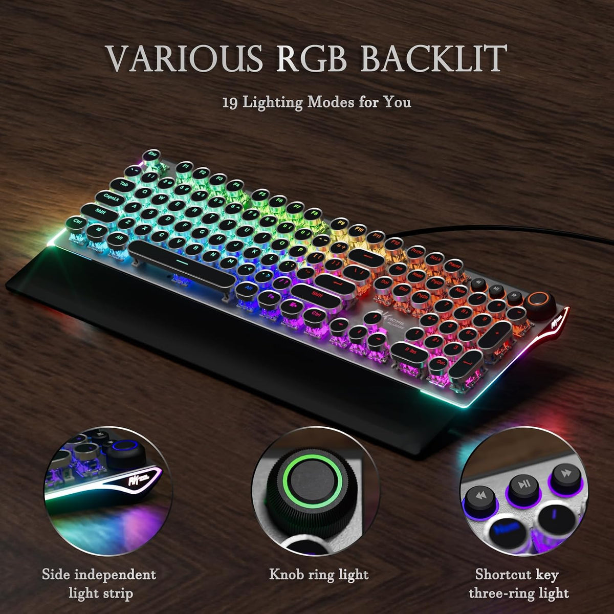 RK ROYAL KLUDGE X108 Typewriter Keyboard with Knob, Wired Mechanical Gaming Keyboard, 108 Keys RGB Backlit Sidelight, Detachable Wrist Rest, Retro Round Keycaps Blue Switches - Shadow Black