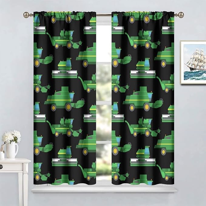 Kids Agriculture Machine Window Curtains, Farm Equipment Tractors Transport