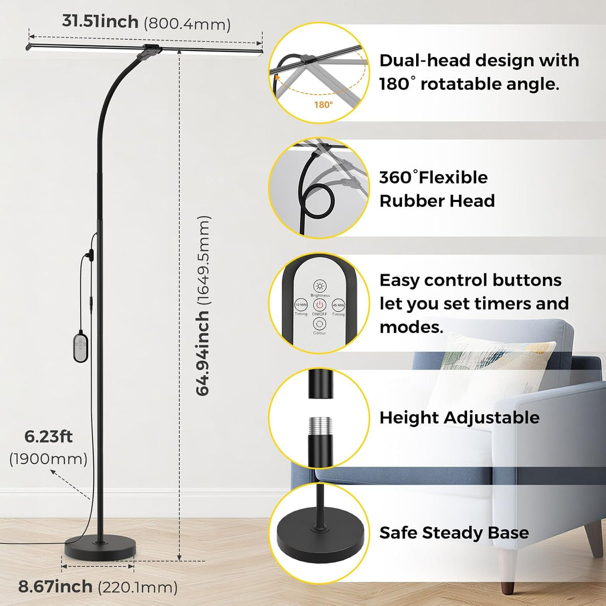 LED Floor Lamp 20W 1400LM Adjustable Neck, Bright Color Changing Light
