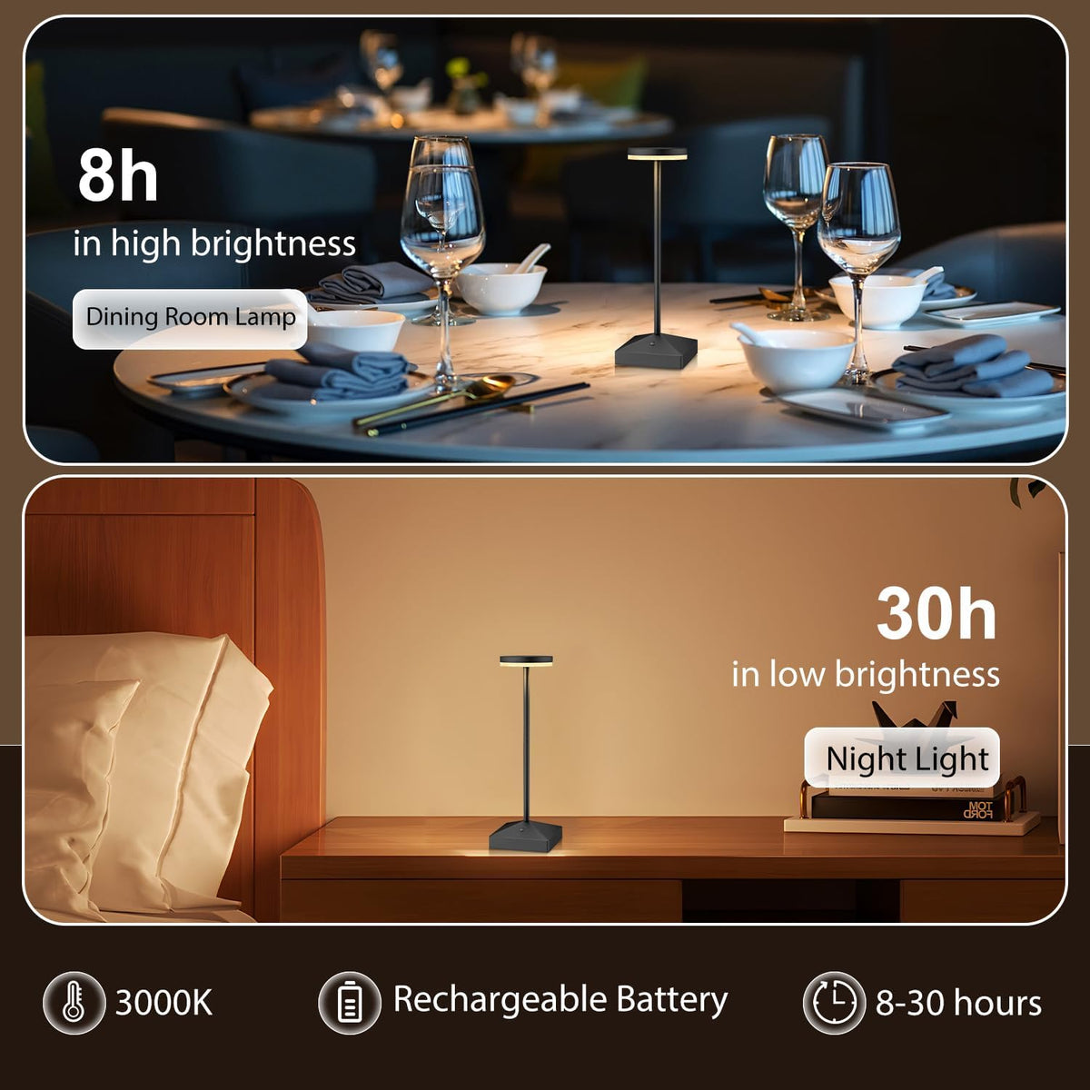 3 Pack Small Black Rechargeable Cordless Table Lamps Dimmable