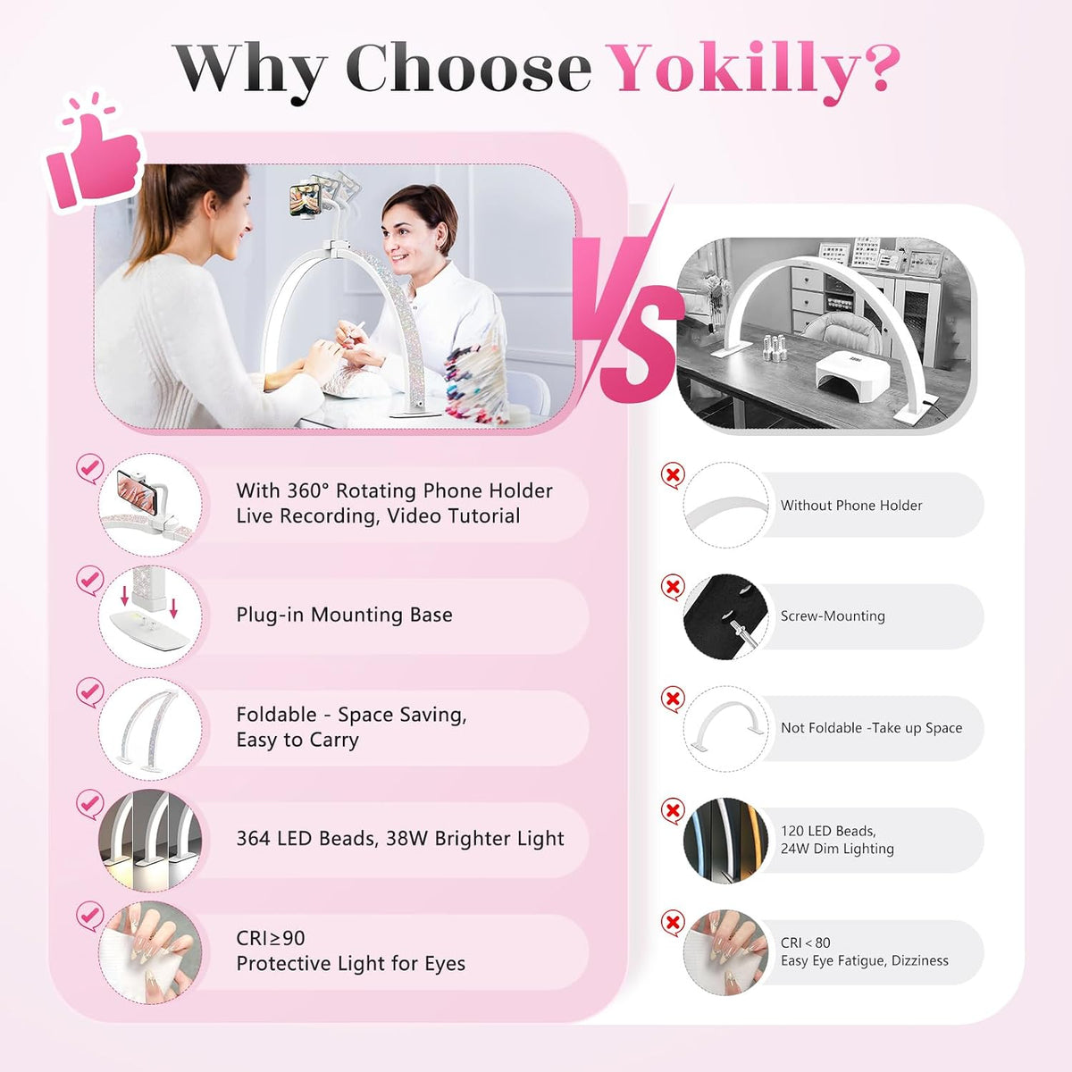 Yokilly Half Moon Light for Nail Desk: 29" Foldable Nail Light for Desk