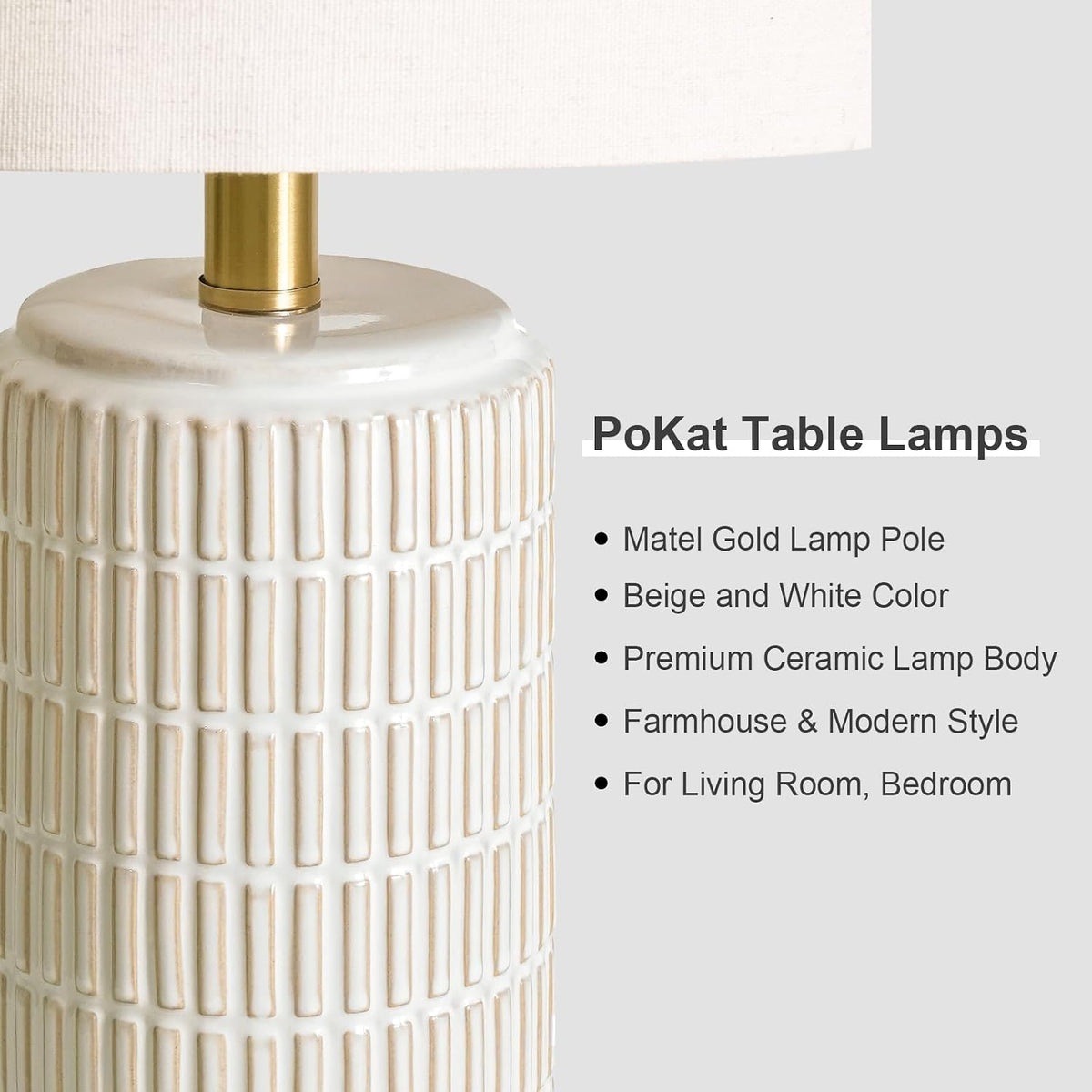PoKat Ceramic Table Lamps Set of 2 for Bedroom Living Room, 21.5'' White