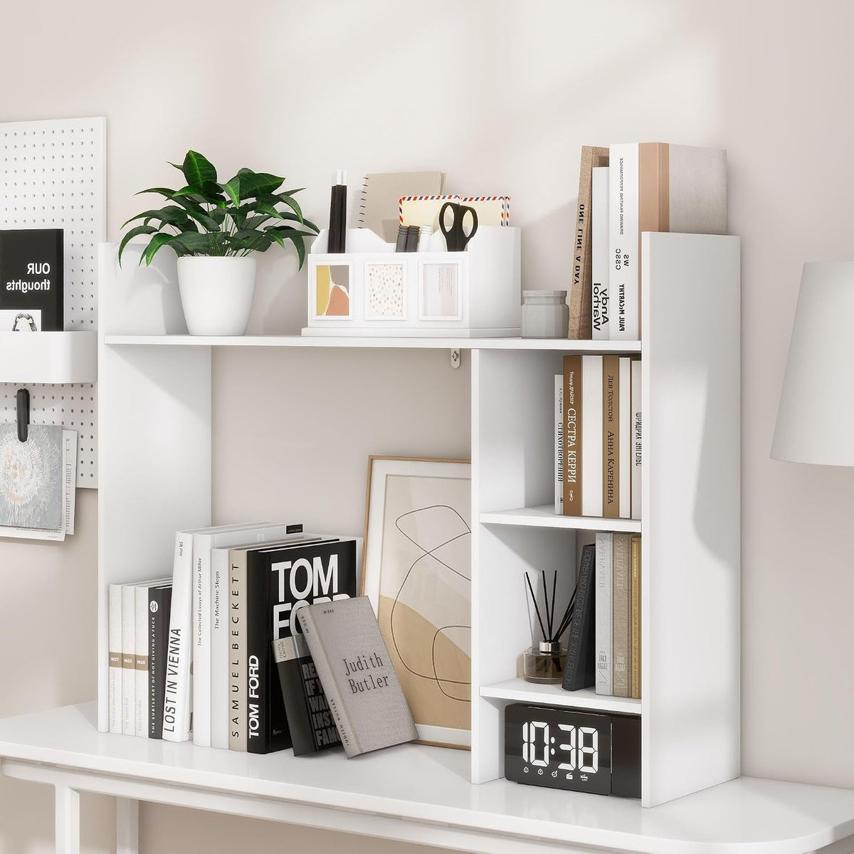FTZxHKLX Desktop Bookshelf, 4 Tier Wooden Desk Storage Hutch, White
