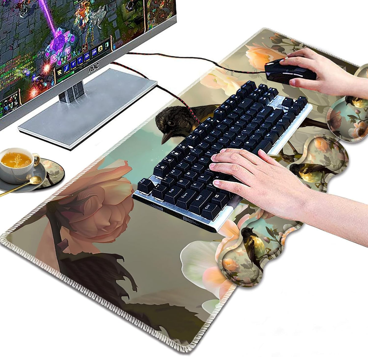 Large Gaming Mouse Pad, Keyboard Wrist Rest Pad + Mouse Wrist Pad + Coaster 4 in 1 Set, Extended Waterproof Non-Slip Desk Mat, Suitable for Office Home Learning Games, Cute Bird