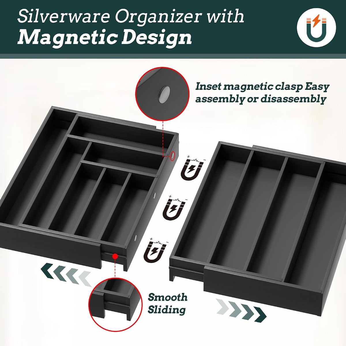 Bamboo Expandable Silverware Drawer Organizer 11 Slots Utensil Holder Black