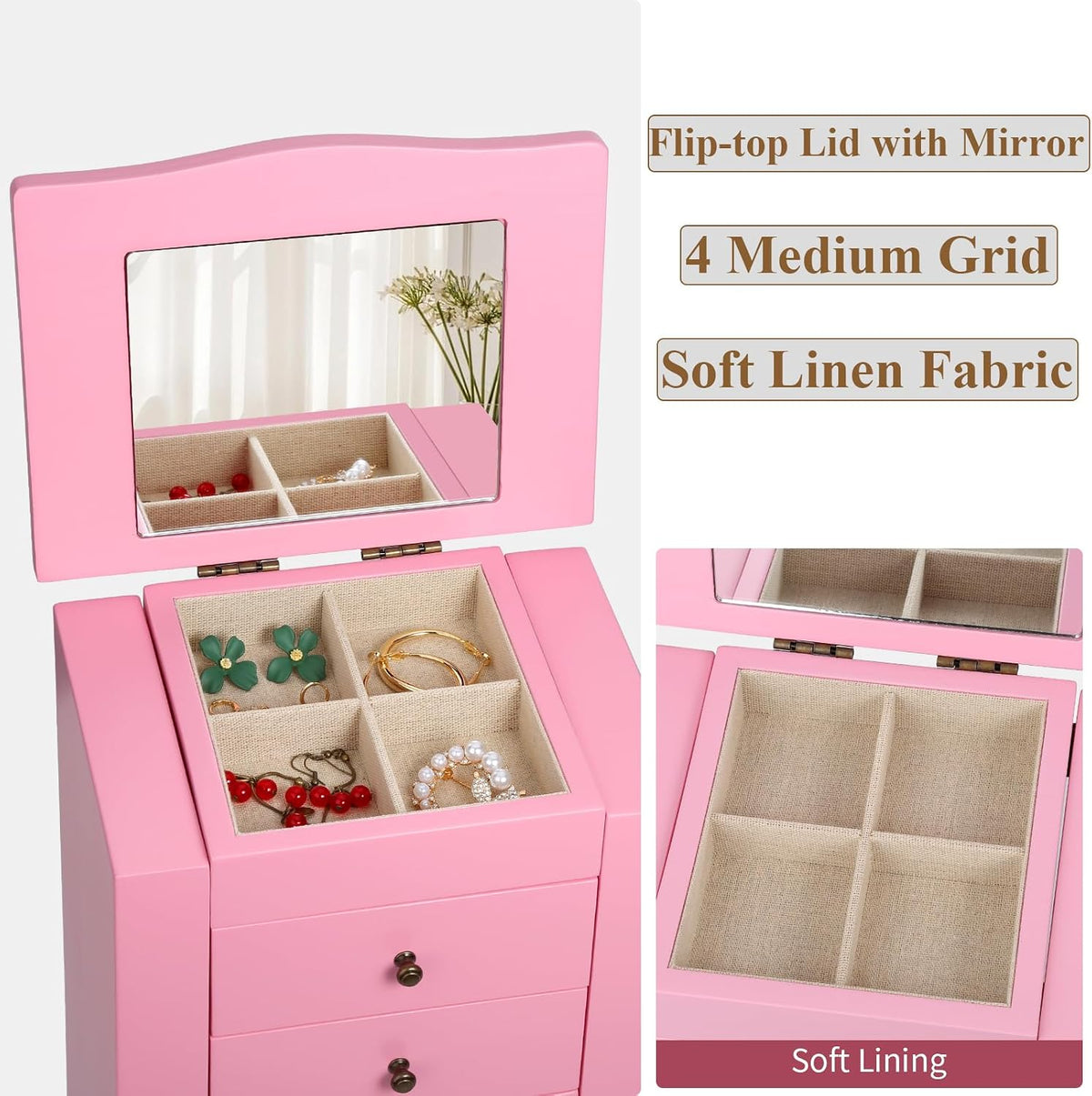 Meangood Jewelry Box Jewelry Organizer, 5-Layer Wooden Jewelry Organizers and Storage Boxes for Women Girls, Ring Earring Bracelet Necklace Holder Organizer with Mirror & Drawers (Pink)
