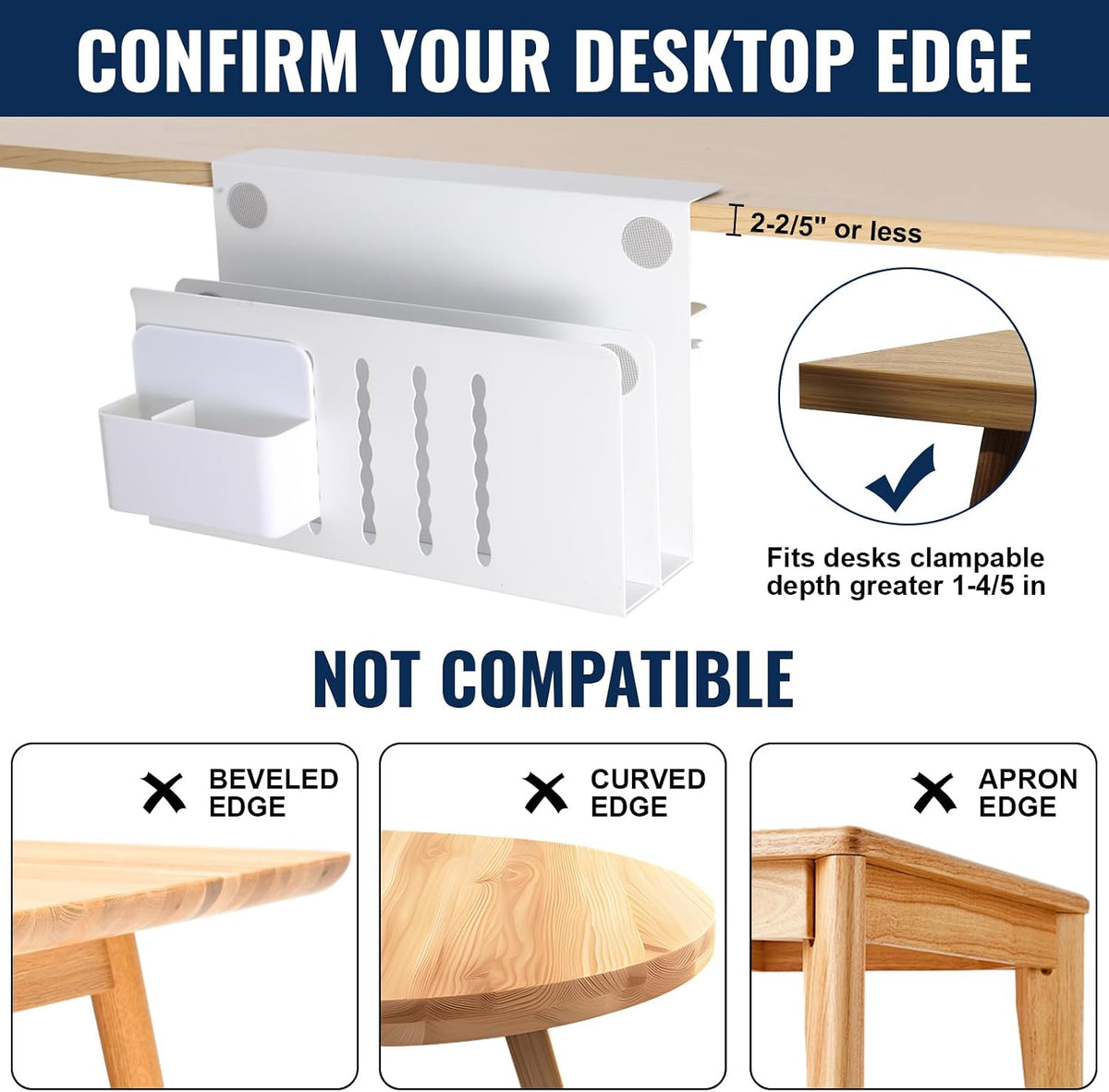 2 Tie Desk Side Storage, Under Desk Laptop Holder, White