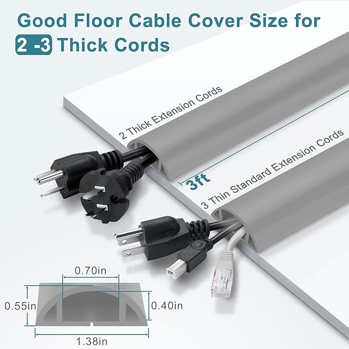 Cord Hider Floor, 3FT, Grey Cord Cover Floor, Cord Protector Floor Extension Cable Cover, Soft PVC Wire Covers - Cable Management Hide Cords on Floor - Cord Cavity: 0.7" (W) x 0.4"(H)