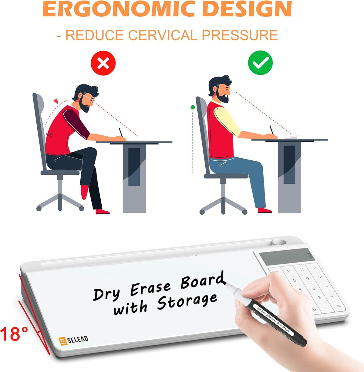 SELEAD Desktop Glass Whiteboard with Calculator & Built-in Mirror, White