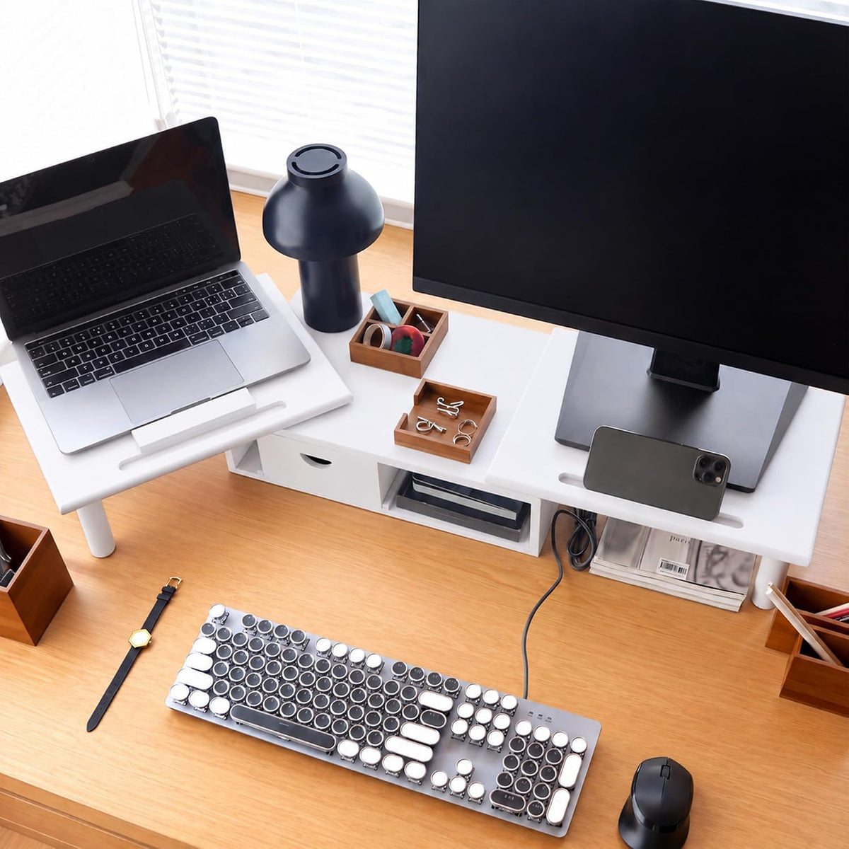 Dual Monitor Stand Riser with Drawer for Desk Laptop