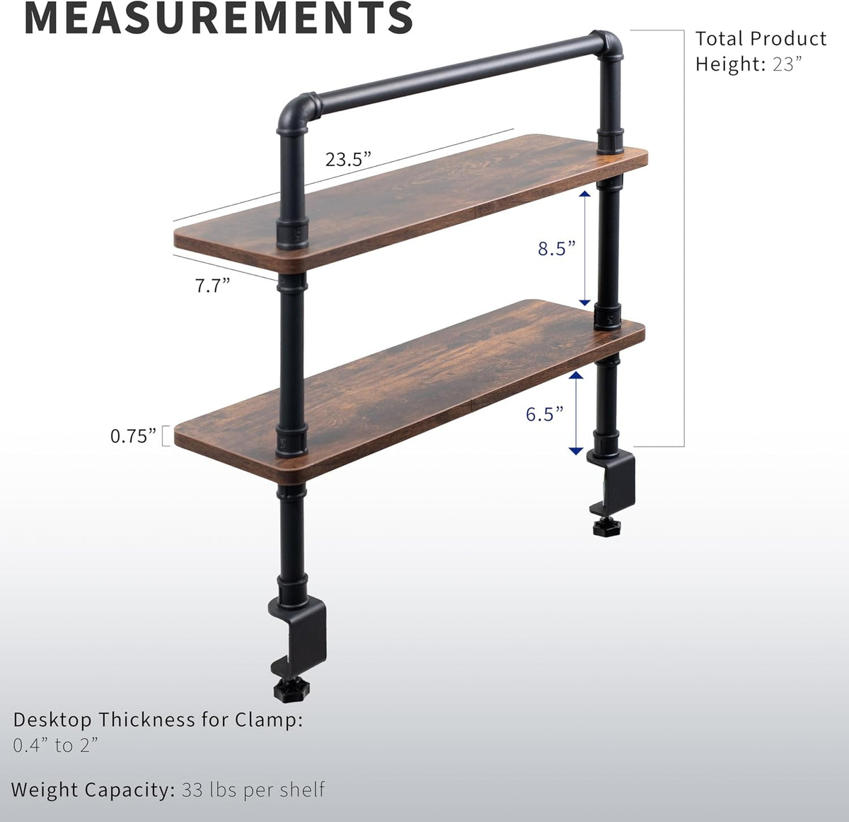 VIVO Vintage Brown Clamp-on 24" Industrial Pipe Desk Shelf, DESK-SHELF24-2N