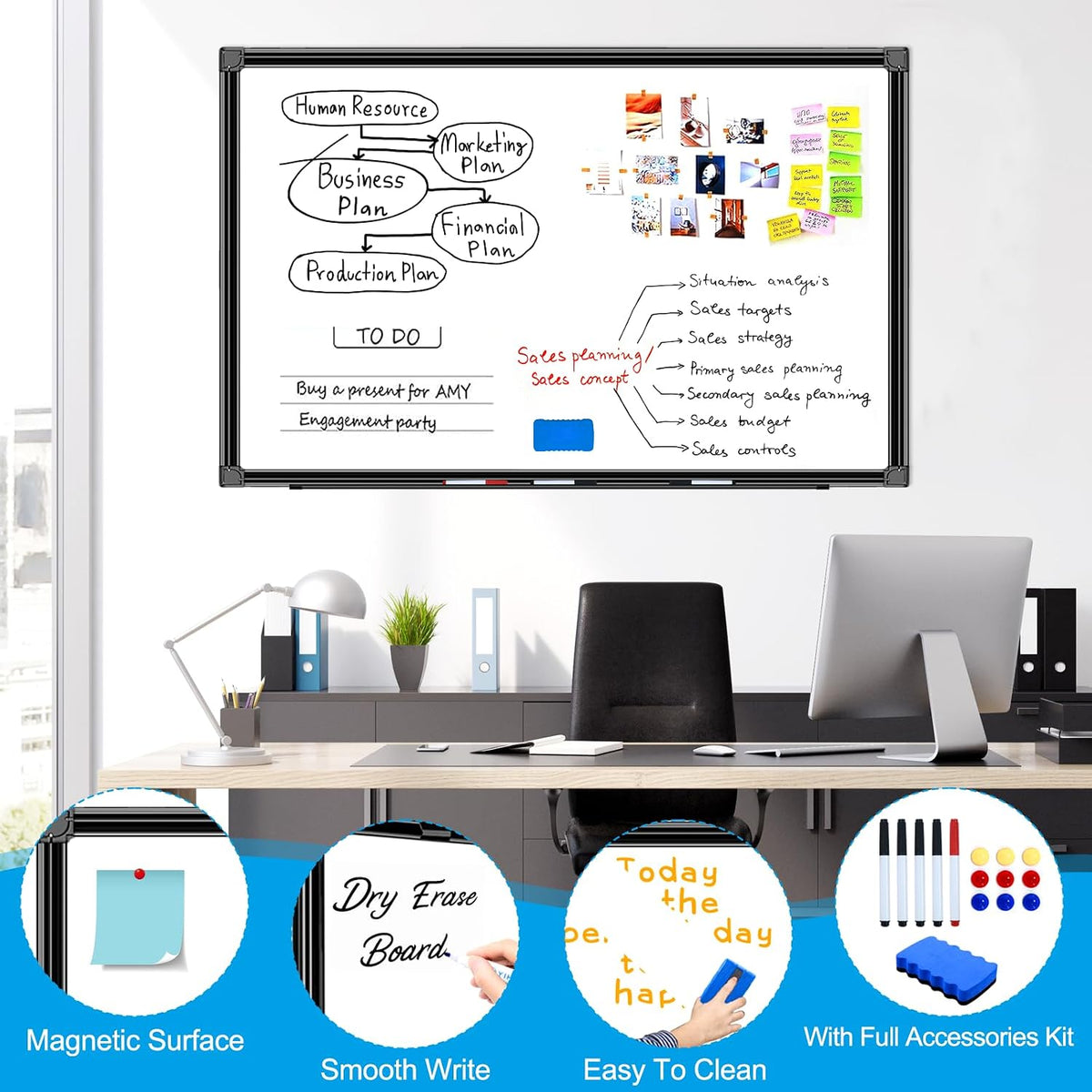 H-Qprobd 36"x24" White Board for Wall Double-Sided Magnetic Dry Erase Board with Black Aluminum Frame, Presentation Whiteboard Suitable for Home, Office, Classroom & Kitchen