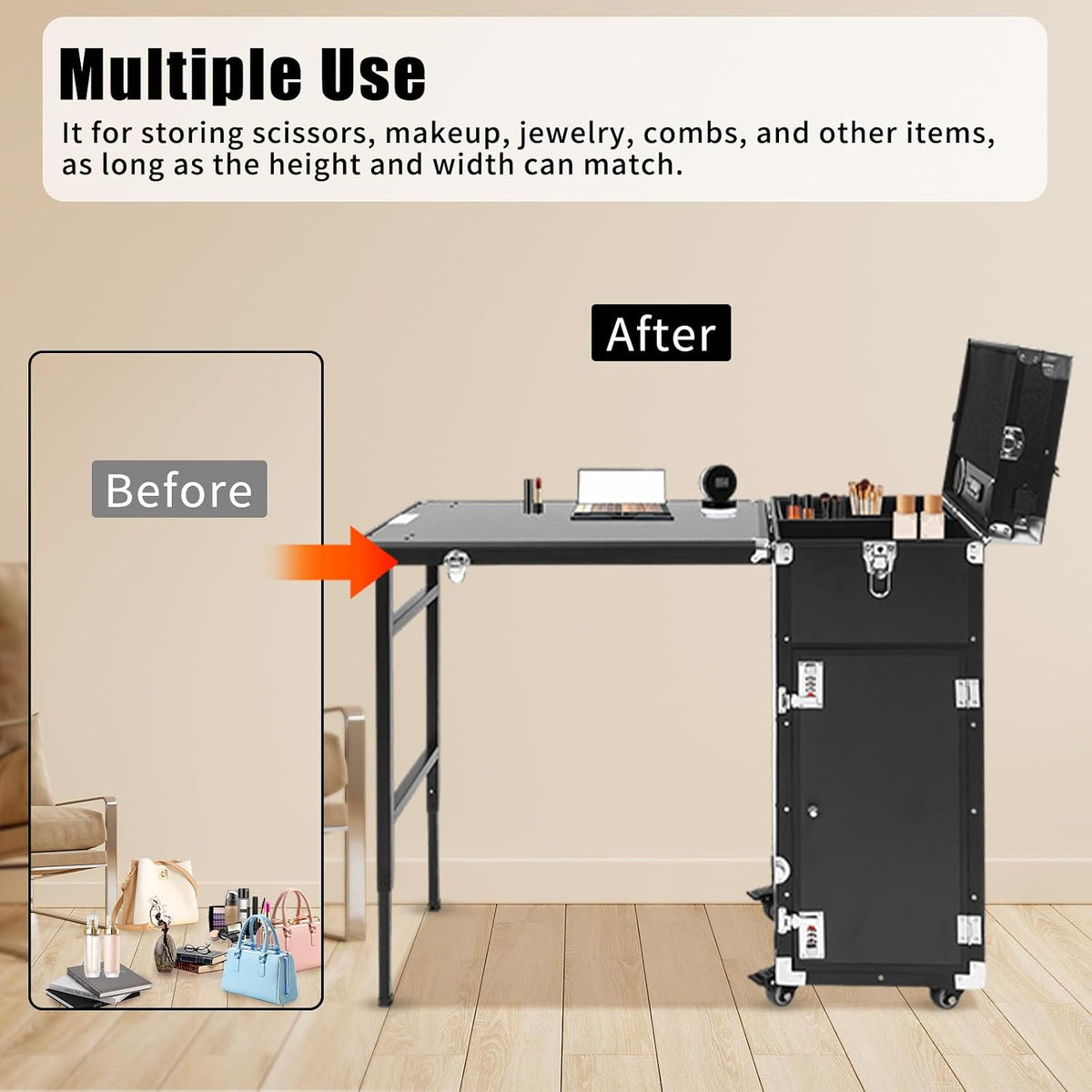 Nail Desk Mobile Station Rolling Makeup Train Case, Foldable Nail Table Manicure Table With Speaker Portable Nails Table Travel Cosmetic Trolley Storage Organizer