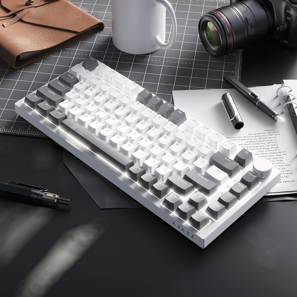 Ajazz AK820 75% Mechanical Gaming Keyboard, Wired Gasket Mount Hot-Swappable Keyboard with Volume Knob, 5-Layer Sound Dampening, PBT Keycaps, 82 Keys, Gray White