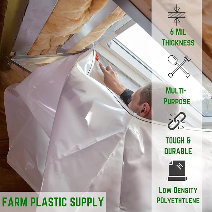Farm Plastic Supply - Clear Plastic Sheeting - 6 mil - (24' x 100') - Thick Plastic Sheeting, Heavy Duty Polyethylene Film, Drop Cloth Vapor Barrier Covering for Crawl Space