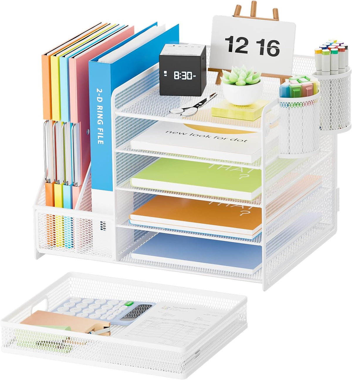 Lavatino Desk Organizer with File Holder, 5-Tier Paper Letter Tray Organizer with Sliding Drawer and 2 Pen Holder, Mesh Desktop File Organizer for Office Supplies, White