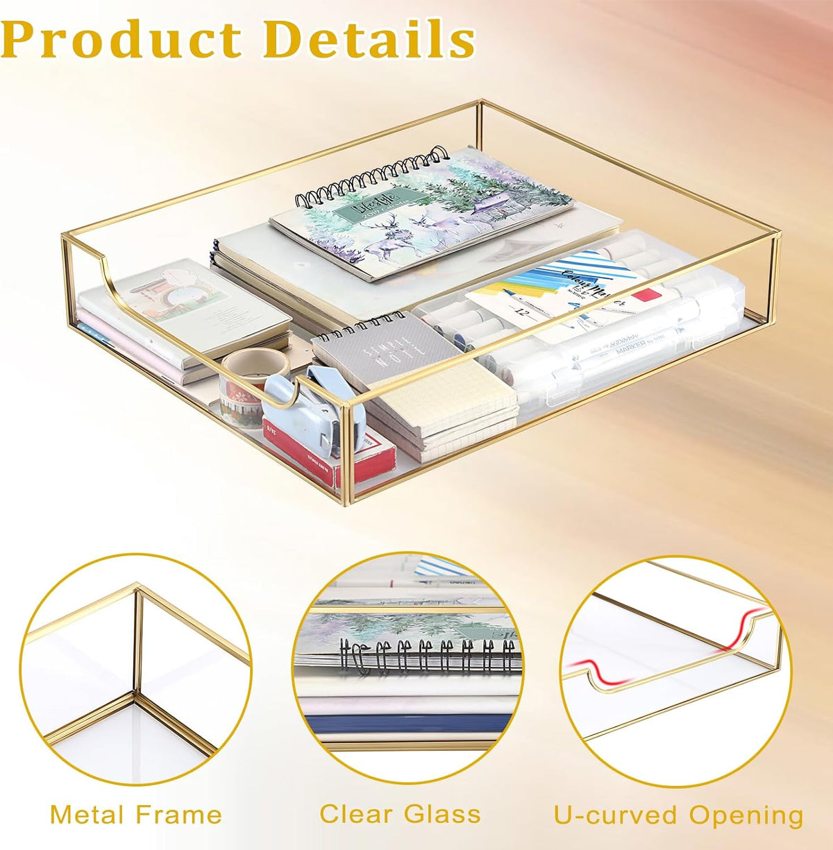 BTSKY 2 Pack Golden Glass Desk Tray, Multi-Purpose Organizer for A4 Paper, Documents, Desk Supplies, Makeup, Clear File Tray with Metal Frame, Stackable Decorative Storage for Home Office Vanity