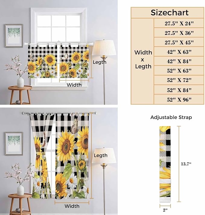 Sunflowers Kitchen Curtains 45 Inch Length, Short Cafe Window Curtains Tab Top
