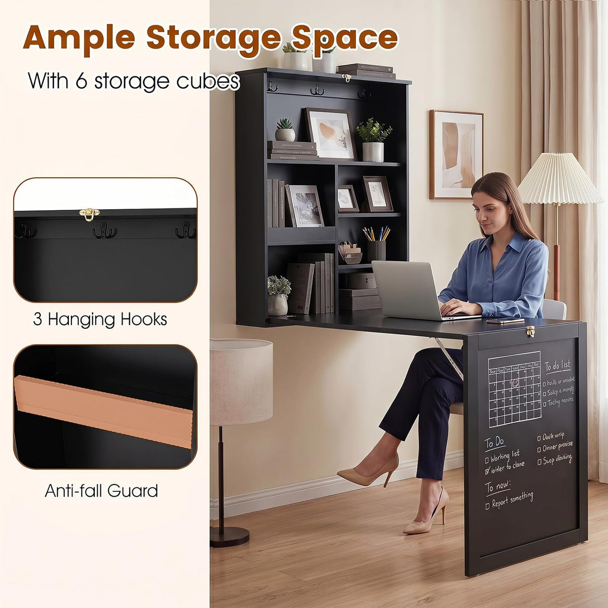 Tangkula Foldable Wall-Mounted Desk, Floating Desk with Chalkboard, Storage Shelves & Hooks, Space-Saving Murphy Table for Home Office, Bedroom, Dorm Room, Small Spaces