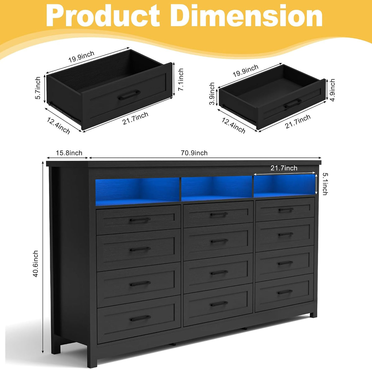 Hlivelood Farmhouse 12 Drawer Dresser with LED Lights, 71" Wide Large Chest of Drawers for Bedroom, Modern Wood Dresser Storage Organizer with Charging Station for Living Room, Bedroom, Hallway, Black