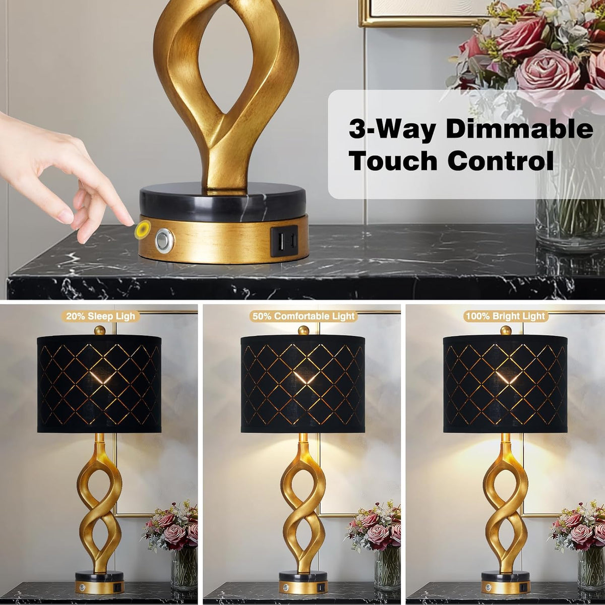 Rinweey Black and Gold Table Lamps Set of 2 for Living Room, 30" Tall Touch Control Bedside Lamps for Bedroom Nightstand, 3-Way Dimmable Modern Decorative Table Lamp with USB A+C Ports and 2 LED Bulbs