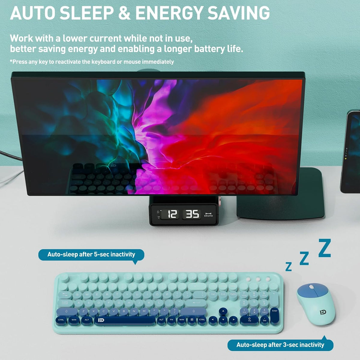 Teal Wireless Keyboard and Mouse Combo,Retro Bubble Round Key,for PC Laptop